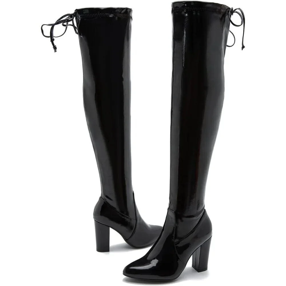 Women Black Pu Leather Pointed Toe Zipper Over The Knee Thigh High Long Boots